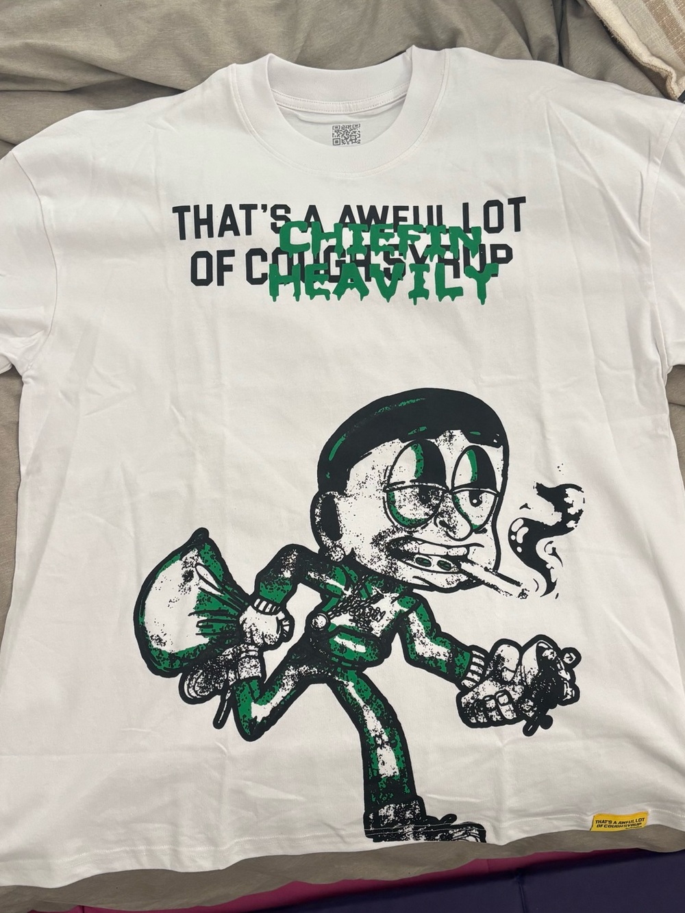 ALOCS Chiefin Heavily White Graphic Tee with Green & Black Cartoon Print